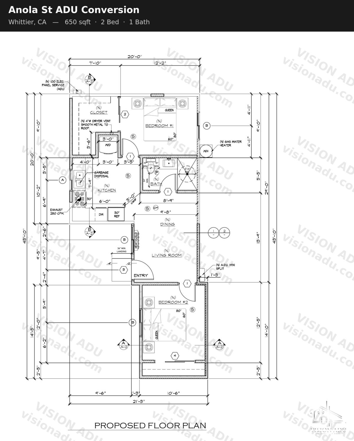 Anola St ADU Conversion floor plan — Whittier, CA, 650 sq ft, 2 bed 1 bath
