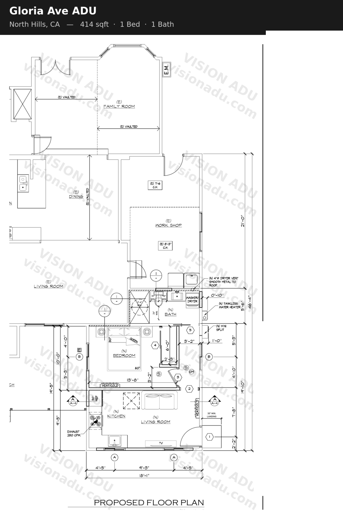Gloria Ave ADU floor plan — North Hills, CA, 414 sq ft, 1 bed 1 bath