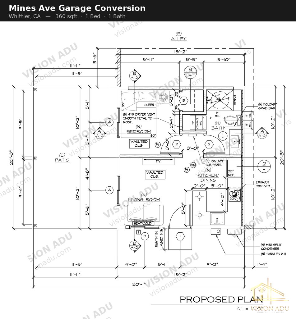 Mines Ave Garage Conversion floor plan — Whittier, CA, 360 sq ft, 1 bed 1 bath