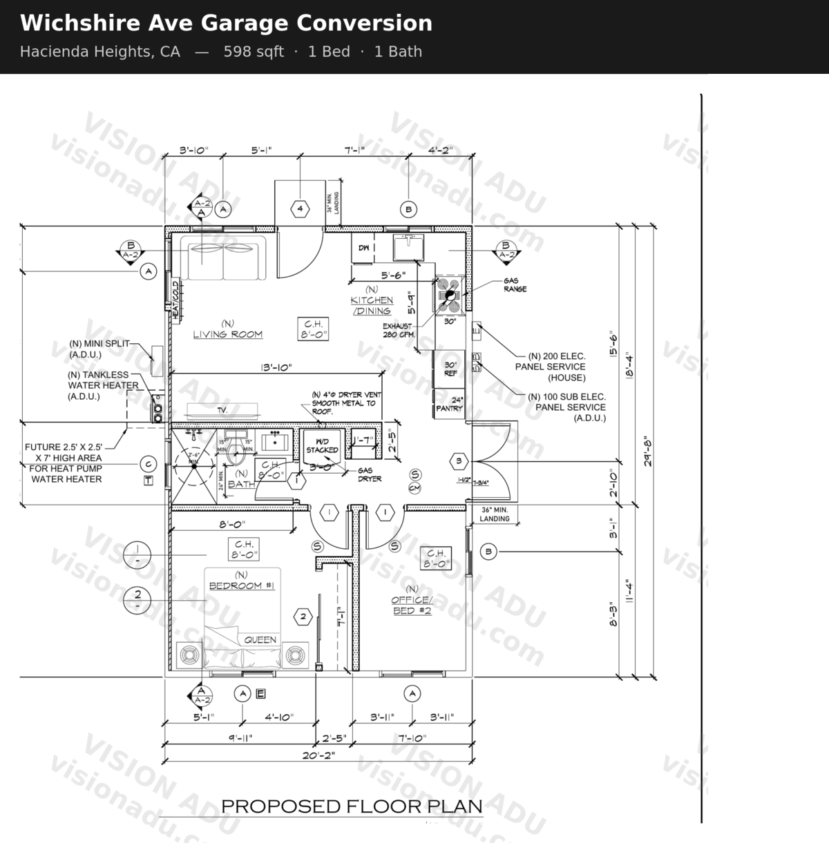 Wichshire Ave Garage Conversion floor plan — Hacienda Heights, CA, 598 sq ft, 1 bed 1 bath