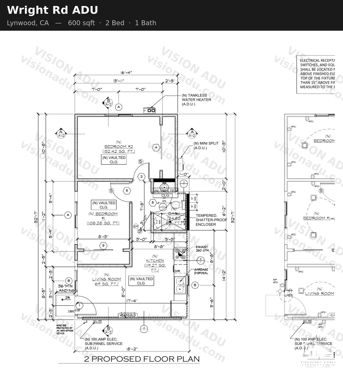 Wright Rd ADU floor plan — Lynwood, CA, 600 sq ft, 2 bed 1 bath